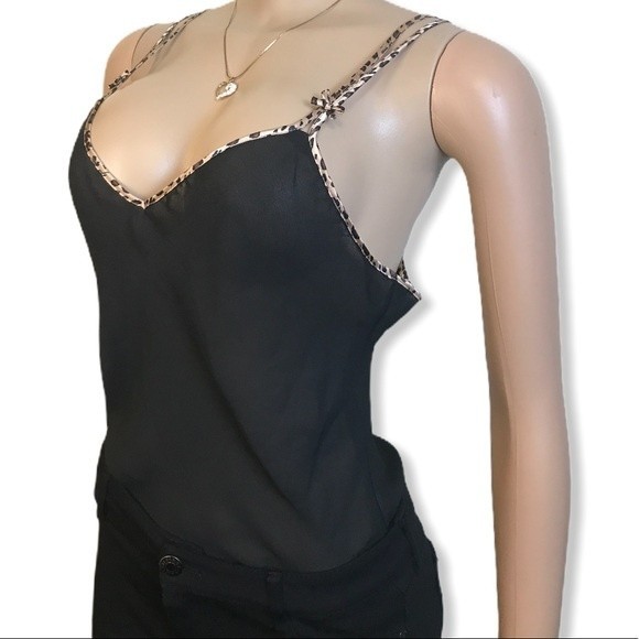 Black Cami Top Black Sheer V neck animal print trimmed bows Detailing size M - Picture 5 of 8